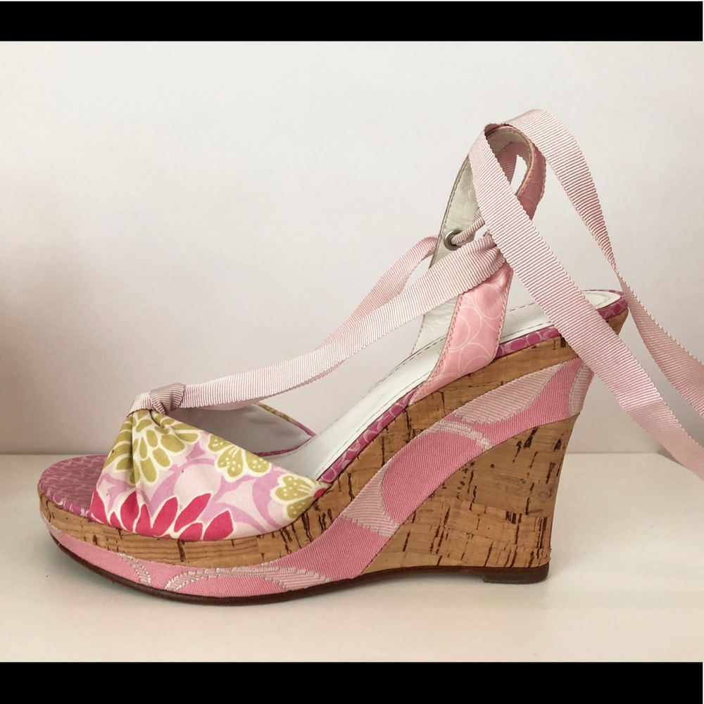 Coach Rachel Ribbon Lace Up Ankle Cork Wedges